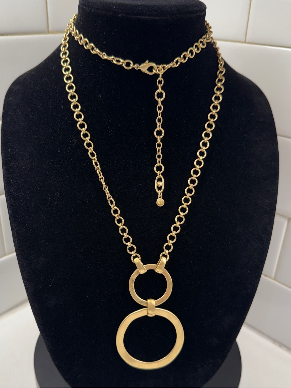 CAbi Gold Tone Double Circle Pendant Long Statement Necklace